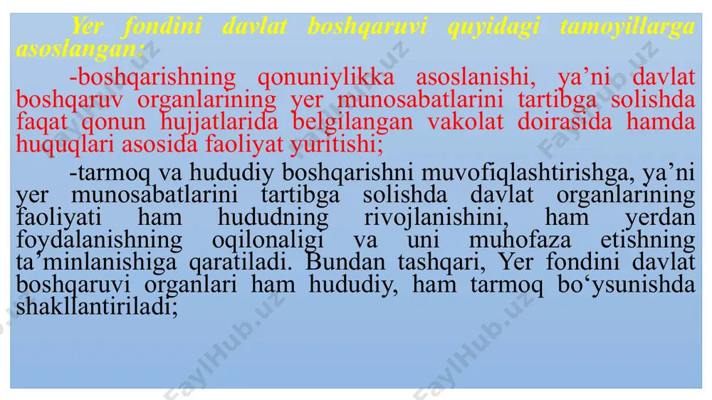 ni amalga oshiradi: - normativ hujjatlar (qaror, nizom, qoida va tartiblar) qabul qiladi; - yerlarni muhofaza qilish va yer resurslardan oqilona foydalanish sohasida yagona davlat siyosatini amalga oshiradi; - tuproq unumdorligini oshirish, tabiatni muhofaza qilish sohasida boshqa tadbirlar bilan yaxlit tarzda yerlardan oqilona foydalanish va ularni muhofaza qilish yuzasidan davlat dasturlarini ishlab chiqadi va amalga oshirishni tashkil etadi; - yer resurslardan foydalanganlik uchun soliq miqdorini belgilaydi; - qishloq xo‘jaligining tabiiy moslashuvi jihatidan yerlarni rayonlashtirish, yer tuzishni, atrof tabiiy muhit monitoringini, shu jumladan yer monitoringini, davlat yer kadastrini yuritilishini tashkil etadi; - davlat mulkidagi yerlarni tasarruf etadi, shu jumladan, yer uchastkalarini foydalanish, egalik qilish va ijara huquqi asosida yuridik va jismoniy shaxslarga ajratadi hamda yerga bo‘lgan huquqlarni belgilangan tartibda bekor qiladi; - yer munosabatlarini tartibga soluvchi davlat organlarining faoliyatini muvofiqlashtiradi; - yerdan foydalanish va uni muhofaza etish ustidan davlat nazoratini tashkil etadi; mahalliy davlat hokimiyati organlari o‘z hududlarida yer resurlarini davlat …