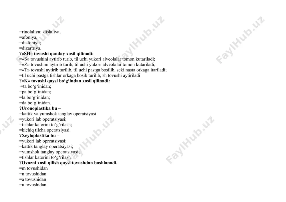 htiradi, jismoniy ishchanlikni oshiradi. ?musiqa psixoterapiyaga xos bo‘lgan qatorni aniqlang? =psixoemotsional holatni normallashtirishni vazifalarni amalga oshiradi. =kuylash ( ruhiy- emotsional holatning korreksiyasi, davolash sog'lomlashtiruvchi ta'sir) pastki diafragmal nafas olish asoslariga o‘rgatish. =musiqa asboblarida o‘ynash =raqsterapiya, korreksion ritmika, ruhiy gimnastika ?p.ranshburg o‘qishda kamchiligi bo‘lgan bolalarda qanday xususiyatlarining mavjudligini ta’kidlaydi? =idrok maydonining torligi, so‘zlarni ko‘rish jarayonining sekinlashganligi lug’at boyligining kambag’alligi, =fonematik idrok rivojlanmaganligi nutning grammatik komponentidagi qo‘pol buzilishlar, = talaffuz kamchiliklari motor buzilishlar, = ko‘ruv idrokining rivojlanmaganligi ?o‘qishning texnik tomoniga xos bo‘lmagan javobni belgilang. =o‘qilgan matnni tushunish =bo‘g’in va so‘zlarni tushunib talaffuz qilish =visual tasvirning ovozli shakl bilan muvofiqlashtirish =harflarni tanib olish ?yozma nutq buzilishlarini korreksiyalashning qaysi usulida, bolaga predmet rasmi va uning so‘z sxemasi beriladi, bola esa uni nomlashi va ishtirok etgan har bir tovushni aytishi kerak bo‘ladi? =“so‘z modeli” =“ebbingauz usuli” =“yozuv treningi” ="tovush usuli " ?normal rivojlanayotgan bola lug‘atida 3 yoshga kelib nechta so‘z mavjud bo ‘ladi? =1000- 1200 …