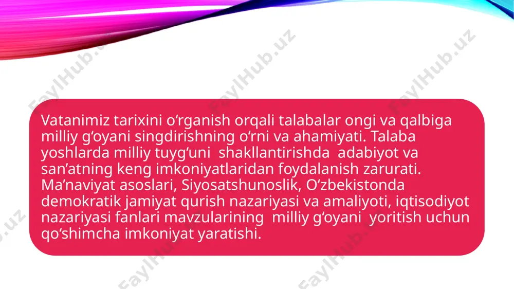 ani aniq va tezkor ravishda ta’minlab berishdagi ta’siri. jamoatchilik fikrini milliy g‘oya negizlari va tamoyillari asosida shakllantirish vazifalari. oav orqali turli yot g‘oyalar kirib kelishining oldini olish imkoniyatlari. "ommaviy madaniyat" ga qarshi ta’sir ko‘rsatish usullari. turli oav tashkil etilishi. oav - milliy g‘oya tamoyillari va negizlariga tayanib faoliyat olib borishi zarurligi. globallashuv va oav ko‘rinishlari. internet tizimi. reklama. e’lonlar. turli xil kinofilmlar targ‘iboti. seriallar. an’anaviylik va zamonaviylik munosabatida milliy g‘oya targ‘iboti texnologiyalarining ahamiyati. milliy g‘oya targ‘ibotida xalq og‘zaki ijodini o‘rganishning ahamiyati katta ekanligi. xalq o‘yinlari, xalq og‘zaki ijodining ma’naviy-ma’rifiy imkoniyatlari ommabopligi bilan ajralib turishi. xalq og‘zaki ijodining dostonchilik, baxshichilik yo‘nalishlaridagi ijod namunalarida ham yoshlarning ma’naviy- ruhiy kamolotini yuksaltirishga xizmat qiladigan qator bunyodkor g‘oyalar o‘z aksini topganligi. xalq o‘yinlarini tiklash borasida amaliy hatti-harakatlar olib borish zarurligi. xalq o‘yinlarini tiklashda oila, mahalla, ta’lim muassasalari hamda milliy g‘oya targ‘ibotiga mas’ul tashkilotlar hamkorligini yo‘lga qo‘yish lozimligi. xalq og‘zaki ijodini o‘rganishga yangicha yondashuvning talab etilishi. …