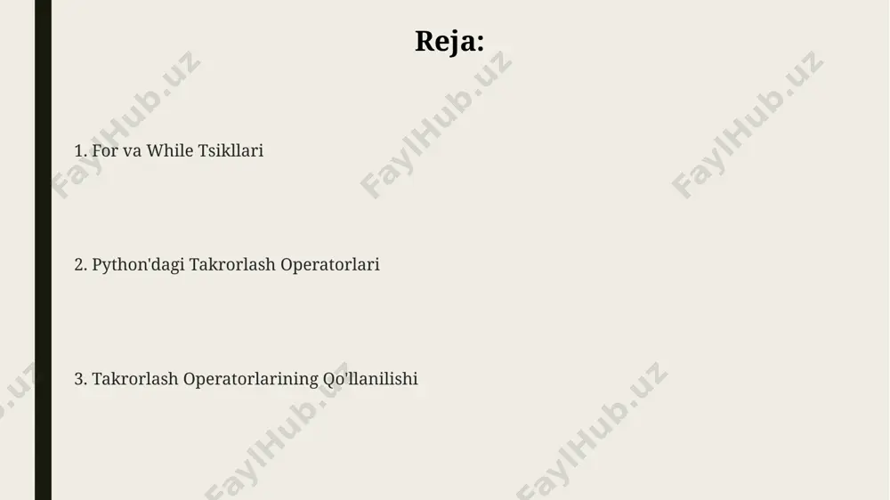 an foydalanishingiz mumkin enumerate() funktsiyasi enumerate() yordamida toshkent shahridagi 5 ta do'konning manzillarini saqlagan ro'yxatni qayta ishlashda, har bir do'konning indeks raqami va manzilini alohida olish mumkin, bu esa ma'lumotlarni tartiblash va boshqarishni ancha osonlashtiradi. enumerate() funksiyasi ikkita qiymat qaytaradi: indeks (butun son) va elementning o'zi. masalan, 100 dan ortiq elementdan iborat bir matn faylini qayta ishlashda, har bir satrning raqami va matnni alohida olish uchun foydalanish mumkin. enumerate() funksiyasi python'ning 3-versiyasidan boshlab mavjud bo'lib, ro'yxat yoki boshqa ketma-ketlik elementlarini ularning indekslari bilan birgalikda qaytaradi, masalan, 10 ta elementli ro'yxatni qayta ishlashda har bir elementning raqamini va qiymatini beradi. loop'larning real-dunyodagi qo'llanilishi python dasturlash tilidagi loop operatorlari yordamida toshkent shahridagi 1000 ta uyning energiya sarfini 24 soat davomida kuzatish va tahlil qilish mumkin. samarqanddagi 20 ta turli do'konning sotuvlari bo'yicha 12 oylik ma'lumotlarni tahlil qilish va eng ko'p sotiladigan 5 ta mahsulotni aniqlashda loop operatorlari juda samarali vositadir. loop operatorlaridan …