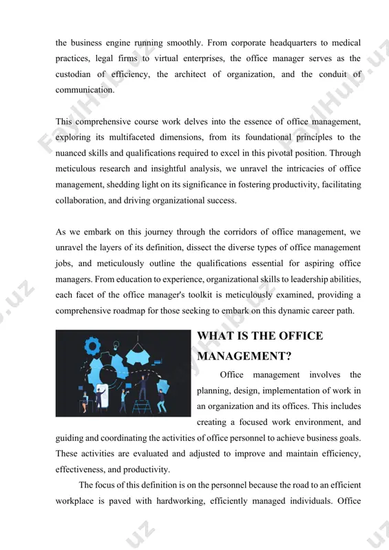 ager uses a human and non-human recourse for the achievement of the business objective. in systematically managed office, the manager develops systems and procedures to make effective use of the resource. it helps to reduce the office works as a coordinate of different unit of business and people. it regularly supplies updated information to required people and department. regular communication avoids conflict, misunderstanding. therefore, office management promotes coordination. office management plays important role in keeping the organization alive. change in technology and methods must be anticipated and adapted for survival and growth. it is only management which can to do so molds the enterprise in such changing environment. today’s business environment is continuously changing. office management is well dynamic concept. it will collect the information regarding changes in the environment and suggest them to apply in business. systematic office management promotes research and development to address changes in the market. …