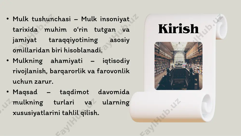 ollar: • kitoblar, dasturiy ta’minot, kashfiyotlar, musiqa asarlari. • xususiyatlari: • fikr va g‘oyalar qonuniy himoyalanadi. • afzalliklari: • yangi texnologiyalar va san’at rivojlanishiga yordam beradi. • kamchiliklari: • mualliflik huquqlarini buzish xavfi mavjud. mulk huquqi va boshqa ashyoviy huquqlarni fuqarolik - huquqiy himoya qilish deganda – bu huquqlarga qarshi qilingan buzilishlarni bartaraf etish, mulkdorning mulkiy manfaatlarini tiklash va himoya qilishga qaratilgan fuqarolik qonunchiligida belgilangan vositalar yig’indisi tushuniladi. etiborin giz uchun rahmat slide 1 slide 2 slide 3 slide 4 slide 5 slide 6 slide 7 slide 8 slide 9