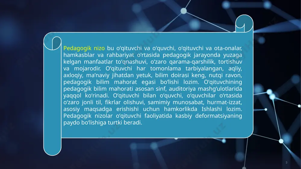 larining chuqurligini tushunish, o‘quvchi esa his-tuyg‘ularga dosh berish va ularni aqlga bo‘ysundirish har doim ham oson emas; boshqa o‘quvchilarning borligi ularni guvohdan ishtirokchiga aylantiradi, konflikt ular uchun ham tarbiyaviy mazmun kasb etadi; o'qituvchi buni doimo yodda tutishi kerak; o'qituvchining konfliktdagi kasbiy pozitsiyasi uni hal qilishda tashabbus ko'rsatishga va o'quvchining manfaatlarini birinchi o'ringa qo'yishga majbur qiladi. o'qituvchining konfliktni hal qilishda yo'l qo'ygan har bir xatosi boshqa talabalarni jalb qiladigan yangi muammolarni keltirib chiqaradi. 8 08.08.2025 9 pedagogik nizolarni bartaraf etishda o‘qituvchining nutq madaniyati alohida ahamiyatga ega. ya’ni, o‘qituvchining dastlabki o‘quv-tarbiya ishlaridagi natijalarida, nutq madaniyatining to‘g‘ri yoki noto‘g‘ri qo‘yilishida, harakatidagi mimik va pantomimik holatlarda ro‘y beradigan nuqsonlar e’tirof etiladi. bunda natija yaxshi bo‘lsa, kelajakda pedagogik texnikani egallash ancha oson bo‘ladi. o‘qituvchining nutq madaniyatiga ega bo‘lishi, to‘g‘ri nafas olishni ishlab chiqishi eng katta va eng asosiy qiymatdir. 10 pedagogik nizolarni muvaffaqiyatli hal qilish odatda muammoni aniqlash, uni tahlil qilish, uni hal qilish bo‘yicha …