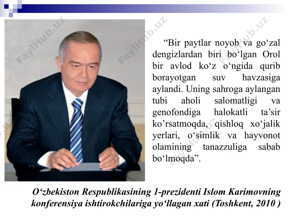 ziga muvozanatda turadi. ilmiy ma’lumotlarga qaraganda, bir vaqtlar orol dengiziga suv beruvchi amudaryo va sirdaryo kaspiy dengiziga quyilgan. ii. asosiy qism 1. orol dengizining qurish sabablari keyingi 10 yilliklar mobaynida qishloq xo’jalik yerlarining sug’orish va sanoat korxonalarini rivojlantirish uchun qaytarilmas suv iste’molining o’sishi, shuningdek, ko’p yillik qurg’oqchilik orol dengiziga daryo suvlarini quyulishini asta-sekin kamayishiga olib keldi. o’zbekistonda xx asr boshlarida 400 ming gektar sug’oriladigan yer bo’lgan bo’lsa, 1988 yilga kelib 4 mln 100 ming gektarga yetdi. o’zbekistan sobiq ittifoqning asosiy paxta xom ashyosi etkazib beradigan agrar respublikasiga aylantirildi. paxta ekiladigan maydonlarning ko’paytirilishi bilan orol dengizi sathininh pasayib borishi o’rtasida o’zaro bog’liqlik yuzaga keldi. orol dengizi muammosini kelib chiqishiga sabab bo’lgan 2-omil 1959-67 yillarda qurilgan turkmanistondagi qoraqum kanalidir. uning uzunligi 950 km bo’lib, daslabki 450 km qismida kema qatnovi yo’lga qo’yilgan. ushbu daryo amudaryodan sekundiga 300 metr kub suv oladi.qanal o’zaniga 3ta yirik suv ombori qurilgan.qoraqum kanalini ishga tushirilishi bilan orol …