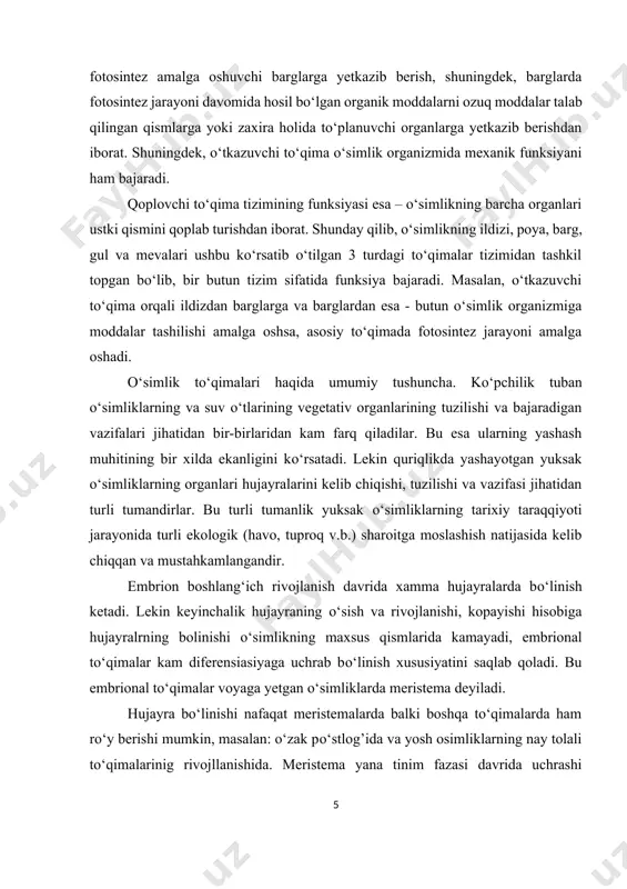 tо‘qimalar; 5) ajratuvchi tо‘qimalar: a) tashqi: bezsimon tuklar (trixomalar), о‘simtalar (emergenslar); gulshiradonlar (niktarniklar) va gidatodlar; b) ichki: ajratuvchi hujayralar (efirmoylari, smolalar, kristallar, taninlar bilan); kо‘p hujayrali moddalar tо‘plovchi joylar; smola agratma kanallari; sut yо‘llari (bо‘laklangan, yaxlit). iv. mexanik (tayanch) tо‘qimalar: 1) kollenxima; 2) sklerenxima: a) tolalar; b) sklereidlar. v. о‘tkazuvchi tо‘qimalar: 1) ksilema (yog‘ochlik); 2) floema (lub). hosil qiluvchi – meristema tо‘qima – meristema (yunon. meristos – bо‘luvchi, ajratuvchi) hosil qiluvchi tо‘qima bо‘linish yо‘li bilan yangi tо‘qima hosil qilish xususiyatiga ega. shu tо‘qimaning bо‘linishi hisobidan о‘simlik tanasida yangi-yangi tо‘qimalar hosil bо‘ladi va о‘sishi umr bо‘yi davom etadi. hayvonlarda meristema tо‘qimasi bо‘lmaydi, shuning uchun ham ularning о‘sishi chegaralangan. о‘simliklar mana shu xususiyatiga kо‘ra hayvonlardan farq qiladi. meristemalar dastalabki yosh embrional tо‘qimalar hisoblanib, ular о‘simlikning boshqa doimiy tо‘qimalarini hosil qiladi. meristema hujayralarining rivojlanish davri bir necha bosqichda о‘tadi: 1) intensif bо‘linish, 2) hujayra qobig‘ining о‘sishi va vakuolalarning yiriklashishi, 3) hujayralarning ixtisoslashishi, ya’ni …