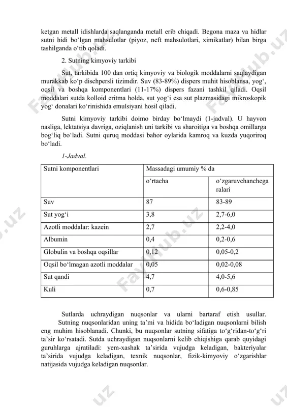tirilgan sutdan yog‘siz sut tayyorlanadi. pasterilizatsiyalangan sutni qand va kakao to‘ldirib yog‘ini 3,2 va 0,7% kofe bilan 3,2% va yog‘siz qilib tayyorlanadi. sekin qaynatilgan sutni yoki qaynatilgan sutni yog‘i 4 va 6% li qilib tayyorlanadi. bunday sutni 950 s haroratda 3 soat termik ishlov berib tayyorlanadi, shuning uchun uning rangi och jigarrang, mazasi ham yuqori haroratda ishlov berilganligidagi ta’m bo‘ladi. sutni flyaga, shisha butilkalar, ichki poleetilen bilan qoplangan qog‘oz paketlarga, plastmassa paketlarga qadoqlanadi. sut sotitgunga qadar 80 s dan yuqori bo‘lmagan haroratda saqlanadi. sterelizatsiya qilingan sutning yog‘ini 3,2% qilib butilkalarga solib kornen probkalar bilan germetik yopib va poleetilen bilan qog‘oz paketlarga qadoqlab chiqariladi. vitalat-dm-ayollarni suti tarkibiga yaqinlashtirilgan, yosh bolalarga mo‘ljallangan sut. sutni 200 ml li butilkachalarga qadoqlab kronen-probka bilan germetik yopib qadoqlanadi. butilkachalarni sterilizatsiya qilib so‘ng sovutiladi. sutning nuqsonlari. sutning mazasi vahididagi nuqsonlari uning sifatini buzadi. hayvon oziqasidagi turli hid va mazalar sutga o‘tishi mumkin. nordon maza sutda sut kislotasi …
