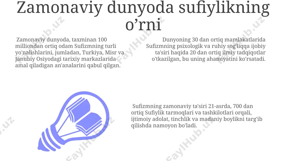 ‘rinib, tasavvuf falsafasini aks ettiruvchi 70 dan ortiq qo‘lyozmalar yaratilgan. navoiy singari buyuk shoirlarning g'azallari va masnaviylari, 100 dan ortiq asarlari orqali, sufiylikning insoniylik va muhabbat g'oyalarini keng tarqalishini ta’minladi. e'tiboringiz uchun rahmat @taqdimot_robot image1.jpeg image2.jpeg image3.jpeg