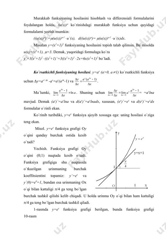 quyidagi muhim xulosani chiqarish mumkin: =0, ammo (logax)` geometrik nuqtai nazardan y=logax funksiya grafigiga abssissasi x ga teng bo`lgan nuqtada o`tkazilgan urinmaning burchak koeffitsientiga teng. shunday qilib, =0, ya`ni =0, bu esa yetarlicha katta x lar uchun urinma abssissalar o`qiga «deyarli parallel» bo`lishini anglatadi. bu holni funksiya grafigini chizishda hisobga olish zarur. logau(x) funksiya uchun quyidagi formula o`rinli: . 3. trigonometrik funksiyalarning hosilalari y=sinx funksiyaning hosilasi. funksiyaning x nuqtadagi orttirmasini sinuslar ayirmasi formulasidan foydalanib topamiz: . funksiya orttirmasining argument orttirmasiga nisbati ga teng. bu tenglikda birinchi ajoyib limit va cosx funksiyaning uzluksizligini e`tiborga olgan holda limitga o`tsak, bo`ladi. demak, (sinx)`=cosx formula o`rinli. y=cosx funksiyaning hosilasi. bu funksiyaning hosilasini topish uchun cosx=sin(x+(/2) ayniyat va murakkab funksiyaning hosilasini topish qoidasidan foydalanamiz. u holda (cosx)`=(sin(x+(/2))`=cos(x+(/2)( (x+(/2)`=cos(x+(/2)(1=cos(x+(/2). cos(x+(/2)=-sinx ayniyatni e`tiborga olsak, quyidagi formulalarning o`rinli ekanligi kelib chiqadi: (cosx)`=-sinx. y=sinx va y=cosx funksiyalarning hosilalarini quyidagi fizik mulohazalardan foydalanib ham keltirib chiqarish mumkin. faraz qilaylik birlik …