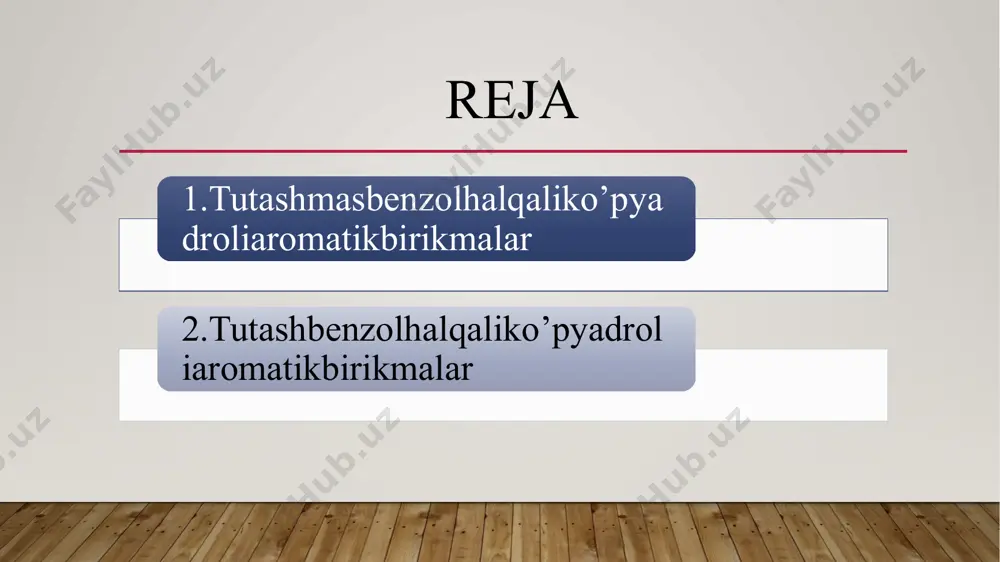 o’linadi. difenil, difenil metan, trifenil metan, difenil etilen va hokazo uglevodorodlar hamda ularning hosilalari tutashmas benzol halqali ko’p yadroli aromatik birikmalardir. difenilning olinish usullari. difenil – 71֯c da suyuqlanib, 254֯ c da qaynaydigan o’ziga xos hidli, suvda erimaydigan rangsiz kristall modda . u quyidagi usullar bilan olinadi: 1. benzolni 650 – 7500 c da piroliz qilib olish (1867-yil bertlo); 2. vyurs-fitting reaksiyasi natijasida olish. benzolning monogalogenli birikmalariga natriy metali ta’sir ettirib olinadi; c6h5 – br + 2na + c6h5 – br → c6h5 – c6h5 + 2nabr 3. benzolni palladiy tuzlari ishtirokida dimerlash; 2c6h6 + pdx2 → c6h5 – c6h5 + pd + 2hx 4. yodbenzolni mis kukuni ishtirokida qizdirish natijasida ham difenil hosil bo’ladi(ulman reaksiyasi 1903-y). difenil molekulasi yassi tuzilishga ega bo’lib, ikkala halqa bir tekislikda joylashgan: difenil molekulasidagi ikkala halqa c – c (1-11) bog’ atrofida erkin aylana oladi. lekin 2-, 21-, 6-, va 61- holatlarda hajmi katta …
