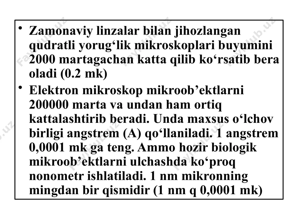 0,5- 0,1 mk ga teng. 1953-yili (perner)“mikrosoma” terminini “sferosoma” bilan almashtirdi. sferosomalar endoplazmatik to‘r tortmalaridan ajralib chiqadi. bir qavat membrana bilan qoplangan sferosomalar yog‘ sintezida ishtirok yetadi. mitoxondriylar. mitoxondriy so‘zi grekcha, “mitos” - ip, “xondrion”- granula, ipsimon granula degan ma’noni bildiradi. birinchi marta mitoxondriylar o‘simliklarda, (xondriosoma nomi bilan) 1904 - yilda meves tomonidan ko‘zasimon changdon- topetum hujayrasida topilgan. hozirgi vaqtda mitoxondriylar o‘simliklarning barcha sistematik guruhlarida uchrashligi aniqlangan. hujayraning xili va uning bajaradigan fuknsiyasiga ko‘ra mitoxondriylar soni 50 tadan 5000 tagacha bo‘ladi. hozirgi vaqtda mitoxondriylar uglevodlarni, qator aminokislotalarni, yog‘ va uch karbonat siklidagi kislotalarni parchalashi hamda nafas olish jarayonini boshqarishi uzil- kesil aniqlangan. mitoxondriylarning asosiy vazifasi energiyaning bosh manbai bo‘lgan atf ishlab chiqarilishida ishtirok etish. bulardan tashqari ularda fosfolipidlar va oqsil sintezi ham boradi. plastidalar. plastidalar yashil o‘simliklarda uchraydi. zamburug‘lar, bakteriyalar, shilimshiqlarda plastidalar bo‘lmaydi. 1676 - yili levenguk spirogira suvo‘tlari hujayralarida plastidalar borligini birinchi bo‘lib topdi. plastidalarni keyinchalik 1882- yili shimper …