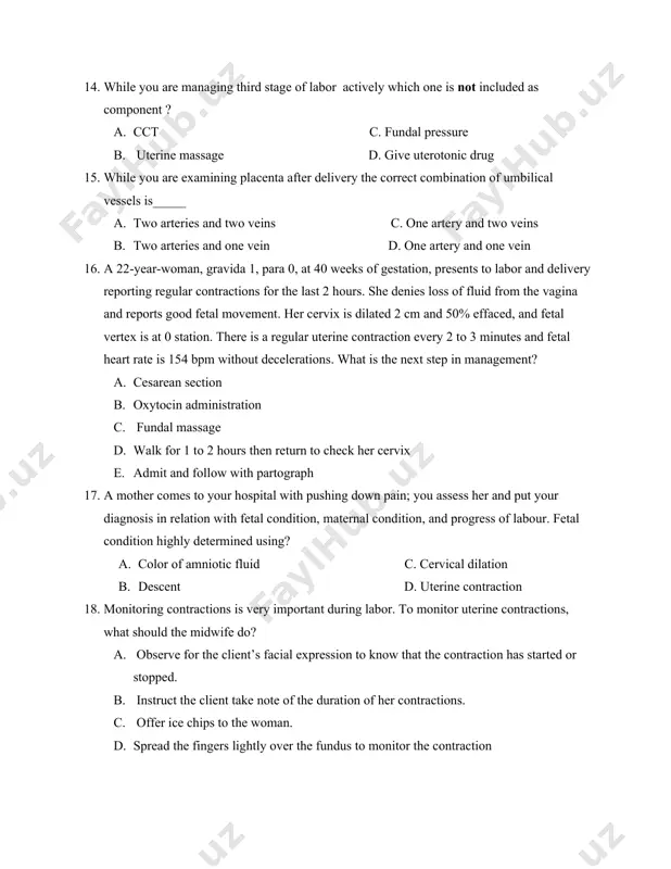 ne and resuscitate aggressively b. position the mother on supine position c. suck secretions from mouth d. don’t give any antihypertensive or anticonvulsant 22. the mother in the above scenario arrived to your hospital with bp of 150/100, pr of 100 and rr of 24. she was conscious and oriented to tpp and quiescent uterus. which of the following could be your plan management? a. assess biophysical profile twice per week b. start induction of labor with oxytocin c. discontinue anticonvulsant d. appoint after a week and send her home with methyldopa 23. from the above case description for which complication do you prescribe prophylactic medication for this particular mother? a. acute renal failure b. disseminated intravascular coagulation(dic) c. aspiration pneumonia d. hemi paralysis 24. for management of preeclampsia which will not go into consideration. a. gestational age b. parity c. severity of the disease d. fetal maturity 25. correct …
