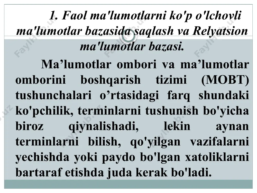 lovchi va qidiruvchi tizim hisoblanadi. qisqa qilib aytganda, mobt barcha jarayonlarni amalga oshiradi. ma'lumotlar ombori faqat ma'lumotlarni saqlaydi, qolgan barcha ishlarni mobt bajaradi. so'rov berish: sql so'rov -> mobt -> ma'lumotlar ombori natija olish: ma'lumotlar ombori -> mobt — > so'rovga javob quyidagi dasturlar mbbt'ga misol bo'la oladi: — oracle; — mysql; — microsoft office access; — mariadb; — microsoft sql server; ma'lumotlar omboridagi ma'lumotlar, sql so'rov tillari orqali boshqariladi, bu tilda mobt'ga so'rov beriladi, bu so'rov u yerda qayta ishlanib, natija olish uchun ma'lumotlar omboriga murojaat qiladi, u yerdan so'rovga mos ma'lumotni olib, so'rovga javob beradi: big data (katta ma'lumotlar) - juda katta hajmdagi bir jinsli bo'lmagan va tez tushadigan raqamli ma'lumotlar bo'lib, ularni odatiy usullar bilan qayta ishlab bo'lmaydi. ba'zi hollarda, katta ma'lumotlar tushunchasi bilan birga shu ma'lumotlarni qayta ishlash ham tushuniladi. asosan, analiz obyekti katta ma'lumotlar deb ataladi. big data atamasi 2008-yilda dunyoga kelgan. nature jurnali muharriri …