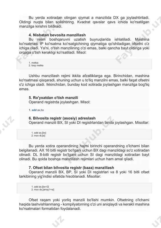 sizning tasavvuringizga bog'liqmi? 9. ofset bilan bilvosita bazaviy indeksni adreslash operand manzili bx yoki bp bazaviy registrlaridan biri, si yoki di indeks registrlaridan biri va 8 yoki 16 bitli ofset tarkibining yig'indisi sifatida hisoblanadi. misollar: mov al,[bp+di+5] mov bl,[array2+bx+si] misol dasturi aytaylik, bizda 32 bitli imzolangan butun sonlar massivi bor. massiv elementlari soni 16 bitli imzosiz o'zgaruvchida saqlanadi. massiv elementlarining o'rtacha arifmetik qiymatini hisoblashingiz va uni imzolangan 32 bitli o'zgaruvchida saqlashingiz kerak. men ataylab turli xil manzil usullaridan foydalanganman, garchi bir xil narsani soddaroq yozish mumkin. use16 ; 16 bitli kod yarating org 100h ; dastur soat 100 da boshlanadi sub ax,ax ;ax = 0 cwd ;dx = 0 mov si,ax ;si = 0 - elementning massiv boshidan siljishi mov bx,array ; massiv boshining manzilini bx ga joylashtiring mov di,n ; di-ga n-manzilni joylashtiring mov cx,[di] ;cx = n lp1: add ax,[bx+si] ; kichik so'zni qo'shish adc dx,[bx+si+2] ; boshlovchi …