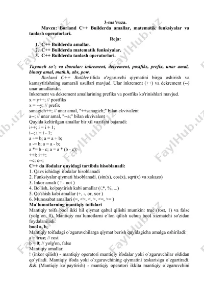 borland c++ builderda amallar, matematik funksiyalar va tanlash operatorlari — DOCX
