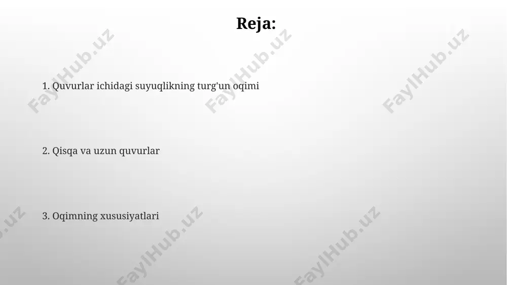 liq. uzoq quvurlardagi oqim xususiyatlari uzoq quvurlar ichidagi oqimning tezligi radiusiga bog'liq bo'lib, quvur devorlarida minimal, markazida esa maksimal qiymatlarni qabul qiladi, bu esa tezlik profili shakllanishiga olib keladi. uzoq quvurdagi turbulent oqim uchun darcy-weisbach tenglamasi yordamida bosim yo'qotishlarini hisoblashda ishqalanish koeffitsienti (f) reynolds soniga va quvur silliqligiga bog'liq bo'ladi, odatda 0.02 dan 0.05 gacha o'zgaradi. e'tiboringiz uchun rahmat @taqdimot_robot image3.png image4.jpg image5.jpg image6.jpg image7.jpg image8.jpg image1.png