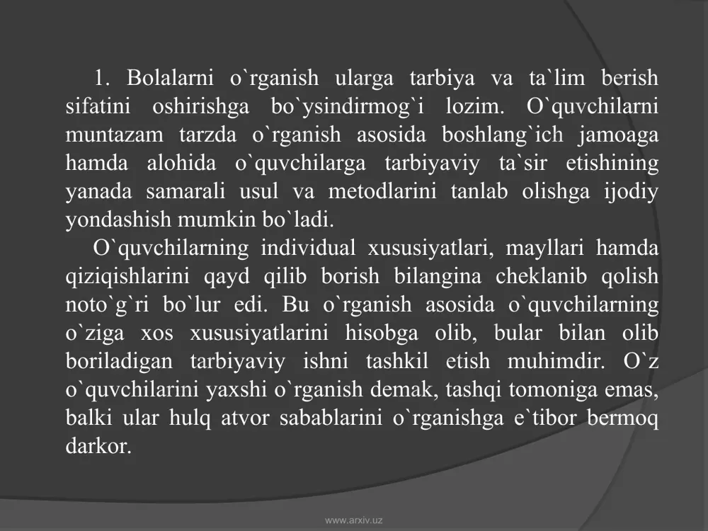 tarbiyaviy ta`sir kuniga ega bo`ladi. tarbiyachining shaxsiy fazilatlari, ma`naviy qiyofasi o`quvchilar ongining va xulqining shakllanishiga katta ta`sir ko`rsatadi. sinf rahbari uchun malaka va ko`nikmalarga ega bo`lishini o`zi yetarli emas. u o`z tarbiyaviy faoliyatida yuksak darajadagi insonparvarlik fazilatlari, o`z ishiga sadoqati, intizomi, odamiyligi, axloqiy sifatlari bilan ham ta`sir o`tkazadi. chunki, tarbiyachilik qobilyati juda ko`p sifatlarni: chuqur bilim, keng fikrlilik, ishga jon dildan ko`ngil qo`yish, bolalarga bo`lgan cheksiz, muhabbat muomala nazokatlilik, qalb yoshligi, serzavq temperament, oqil va adolatlilik namunasi, alohida nazokat sipolik va vazminlik kabi fazilatlarning bo`lishini taqozo qiladi. bunga yana tarbiyachilik texnikasi qo`shimcha ishda muvaffaqiyat ta`minlanishi tabiiydir. tarbiyachilik texnikasi sinf rahbarining asosiy qurolidir. www.arxiv.uz www.arxiv.uz sinf rahbari pedagoglar, ota onalar va o`quvchilarni o`zaro bog`lovchi shaxs sifatida barcha tomonlarining nuqtai nazarini hisobga olishi, harakatlarni bir markazga birlashtirish, o`zaro aloqalarning to`g`ri bo`llshiga ta`sir o`tkazish va ayni vaqtda o`zpning pozitsiyasini aniq ta`minlay olishi kerak. mana shu fazilatlar sinf rahbarining tarbiyaviy ishlari samarasini oshirishga va …
