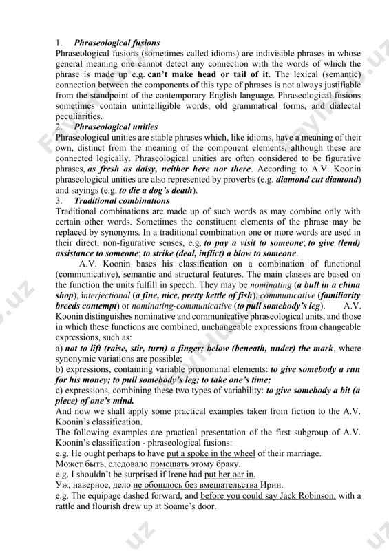 d so on treating these as devices assuring expressiveness. they also show interest in the origin and etymology of english phrases and arrange them according to their peculiarities. for example, l.p. smith groups set expressions into phrases from sea life, agriculture, hunting, sports, and so on. russian linguists, academician f.f. fortunatov, a.a. shachmatov and others paved the way for serious syntactical analysis of set expressions. a special branch of linguistics termed phraseology came into being in post-soviet countries. the most significant theories advanced for russian phraseology are those by v.v. vinogradov and b.v. larin. together with theories advanced on classification of phraseological units of the russian language appeared a great number of linguists’ works devoted to phraseology of the english language. for example, a.v. koonin prompted by v.v. vinogradov’s theory applied the linguist’s theoretic analysis to the realities of the english language and attempted to group english phraseological units into …