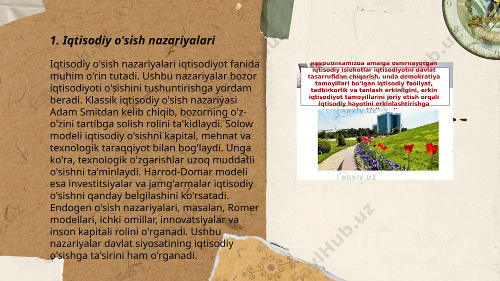 da pulning xarid qobiliyatining pasayishi jarayoni. masalan, agar yillik inflatsiya darajasi 5% bo'lsa, bu narxlar o'rtacha 5% ga oshganini bildiradi. deflyatsiya esa umumiy narxlar darajasining pasayishi, ya'ni pulning xarid qobiliyatining ortishi jarayonidir. inflatsiya iqtisodiy faollikni rag'batlantirishi, ammo haddan tashqari baland inflatsiya iqtisodiy beqarorlikka sabab bo'lishi mumkin. deflyatsiya esa investitsiyalarni pasaytirishi va iqtisodiy o'sishni sekinlashtirishi mumkin. o'zbekistonda 2023 yilda inflatsiya darajasi taxminan 11-12% atrofida bo'lgan. ... t.me/slaydai_bot 7. makroiqtisodiy barqarorlik makroiqtisodiy barqarorlik iqtisodiyotning uzoq muddatli rivojlanishi va barqarorligi uchun muhimdir. 2022 yil davomida oʻzbekiston yalpi ichki mahsuloti (yaim) 5,7% oʻsdi. inflyatsiya darajasi esa 12,3% atrofida edi. hukumat byudjet defitsitini 2023 yilda 3% darajasida saqlashni rejalashtirdi. tashqi qarz yalpi ichki mahsulotga nisbatan 34,4% ni tashkil etdi. iqtisodiyotni diversifikatsiya qilish va eksport hajmini oshirish barqarorlikni kuchaytirish uchun muhim qadam sanaladi. 2023 yilning dastlabki uch choragida sanoat ishlab chiqarishi o‘sishi 4% ga yetdi. bu ko‘rsatkichlar o‘zbekiston iqtisodiyotining barqaror o‘sishini ta’minlashga yordam beradi. ... t.me/slaydai_bot …