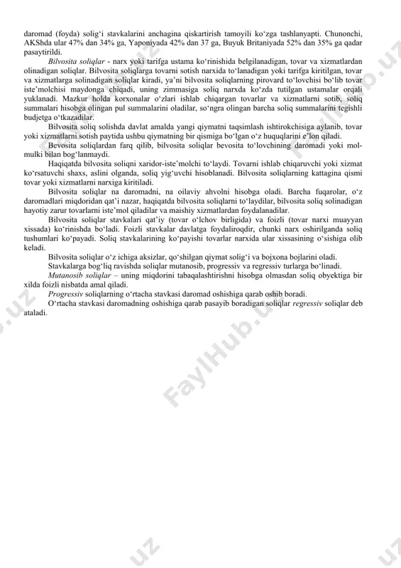 lb qilishga imkoniyat tug‘dirish, nihoyat, korporatsiyalarning daromadlarini soliqqa tortishda ilg‘or usullarni qo‘llanish vositasi bilan ilm-fan yutuqlaridan foydalanuvchi kichik firmalar faoliyatini rag‘batlantiradi. soliq imtiyozlari va chegirishlar orqali fan-texnika taraqqiyotini rag‘batlantirish tizimlari qanchalik murakkab bo‘lmasin, bu tizimlardan birortasi ham mukammal emas, ulardan birortasi ham to‘siqlardan holi bo‘lgan mutloq rag‘batlantiruvchi ta’sir ko‘rsata olmaydi. soliqqa tortish tizimi murakkabligining o‘ziyoq suiste’molliklarga, soliqlardan bo‘yin tovlashga yo‘l ochadi, shuning uchun ham hozirgi zamon rivojlangan mamlakatlarining soliq siyosatida ikkita muqobil yo‘nalish to‘qnashayapti. birinchisi, soliqlarni tabaqalashtirish, ko‘pdan-ko‘p imtiyozlar va umumiy soliq stavkalari ancha yuqori bo‘lganda soliqqa tortiladigan daromaddan chegirishni joriy etish. ikkinchisi, imtiyozlar, chegirmalar, undirishlardan asta-sekin voz kechish. bu yo‘nalish soliq bazasini kengaytiradi hamda soliqqa tortishda umumiy stavkani pasaytirish imkonini beradi. birinchi yo‘nalish takror ishlab chiqarish va fan-texnika taraqqiyoti jarayoniga aniq maqsadni ko‘zlab ta’sir etishdan kelib chiqadi. ikkinchi yo‘nalish esa, iqtisodiyotning barcha sohalarida erkin tadbirkorlik faoliyatini yuritish uchun mumkin qadar qulay sharoit yaratishga intiladi. shunday qilib, davlat soliqlar, imtiyozlar, …