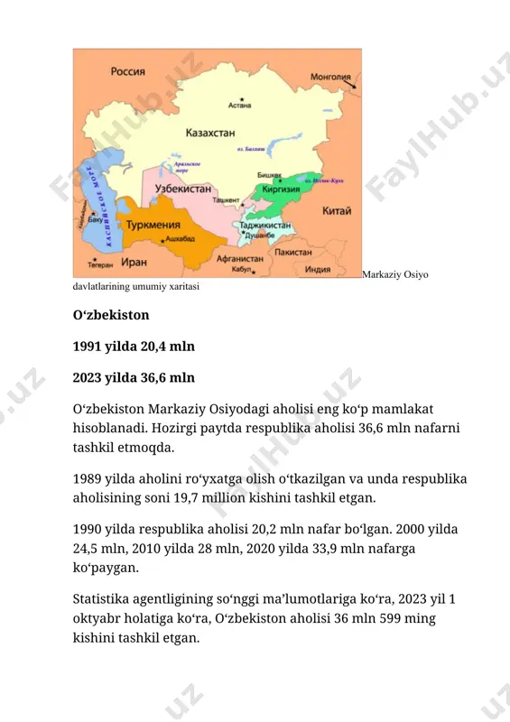 oblanadi. hozirgi paytda respublika aholisi 36,6 mln nafarni tashkil etmoqda. 1989 yilda aholini ro‘yxatga olish o‘tkazilgan va unda respublika aholisining soni 19,7 million kishini tashkil etgan. 1990 yilda respublika aholisi 20,2 mln nafar bo‘lgan. 2000 yilda 24,5 mln, 2010 yilda 28 mln, 2020 yilda 33,9 mln nafarga ko‘paygan. statistika agentligining so‘nggi ma’lumotlariga ko‘ra, 2023 yil 1 oktyabr holatiga ko‘ra, o‘zbekiston aholisi 36 mln 599 ming kishini tashkil etgan. ulardan 18 mln 176 ming nafari ayollar, 18 mln 422 ming nafari erkaklar. doimiy aholi tarkibidagi erkaklar soni ayollar sonidan 246 ming kishiga ko‘p. yil boshidan buyon aholi soni 574,8 ming kishiga oshgan va 2023 yilning o‘tgan har bir oyida o‘rtacha 63,9 ming kishiga ko‘paygan. har kuni o‘rtacha 2,1 ming kishiga ko‘paymoqda. o‘zbekistonning ma’muriy-hududuiy tuzilishi o‘zbekiston hozirda tug‘ilish darajasi bo‘yicha mdh davlatlari orasida tojikiston bilan birga yuqori o‘rinlarni egallaydi. aholining 57 foizi mehnatga layoqatli yoshdagilar, 32 foizi mehnatga layoqatli yoshdan kichiklar, 11 …
