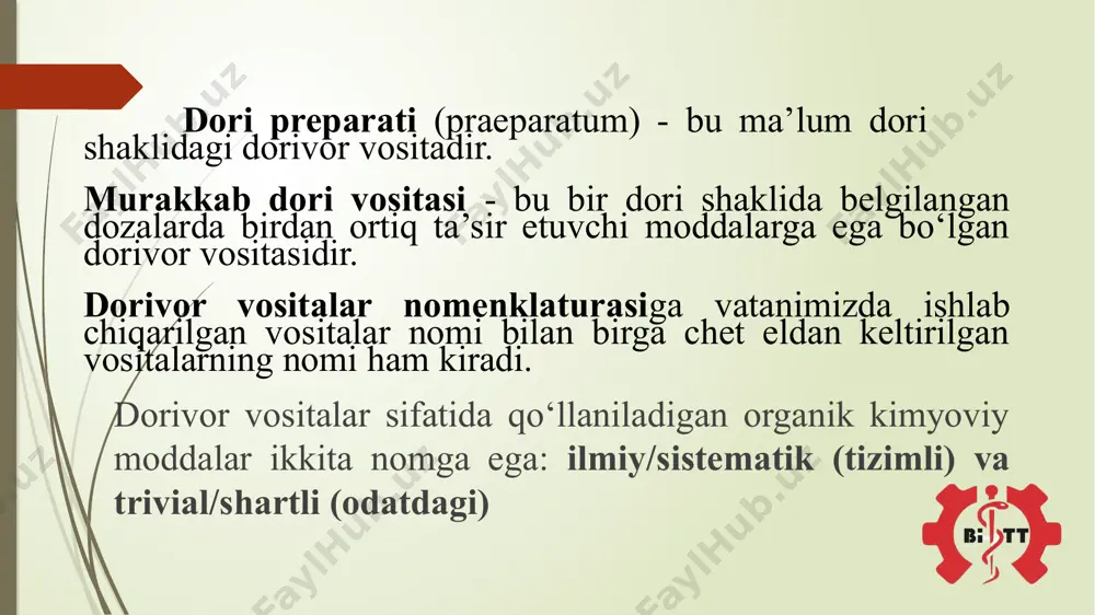 tinum dan -phen olingan. d) abbreviatsion suffiksli usulda abbreviaturaga suffiks qo‘shiladi: neriolonum / /nerium oleander -sambitgul/. dorivor vositalarning nomlanishida abbreviatura keng qo‘llaniladi. dori nomlari hamisha bosh harf bilan yoziladi, lug‘at shakli anatomik terminlar kabi bo‘ladi. misol uchun: novocainum, i, n –novokain; aspyrinum, i, n –aspirin; biceptolum, i, n –bitseptol; allacholum, i, n –allaxol. dori shakllari haqida qisqacha ma’lumot dori moddalarini chiqarish va yozish dori shakllarining mumkin qadar o‘qishga qulayligidir. dori shakllarining qattiq, suyuq, yumshoq, gazsimon bo‘lishi uning tayyorlanishiga bog‘liq. masalan: tabuletta, ae f -tabletka (tugmachasimon dori shakli) pilula, ae f -pilyula, hab dori (soqqachasimon qat-qat dori shakli) pasta, ae f -pasta (xamirsimon yumshoq dori shakli) unguentum, i n –surtma, maz (yumshoq dori shakli). tabuletta obducta – po’st bilan qoplangan tabletka ichish, sirtdan ishlatish yoki in’yeksiya qilish (tegishli erituvchida eritilgandan so‘ng) uchun mo‘ljallangan, dorivor moddalarni presslab olingan, dozalangan qattiq dori turi e’tiboringiz uchun raxmat image1.jpeg image2.png /docprops/thumbnail.jpeg