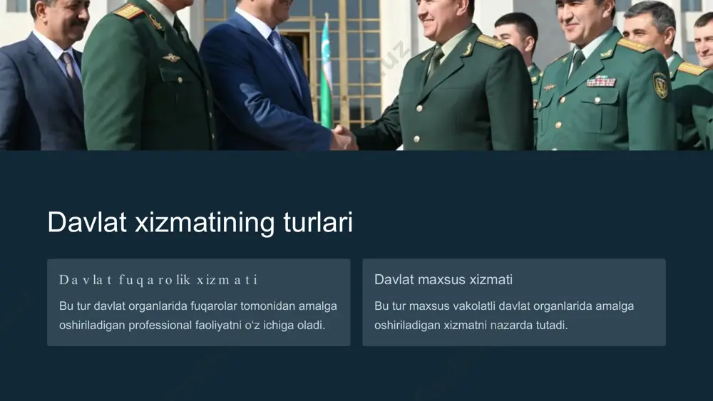 lik m a 'lu m o t b e r is h fuqarolarga davlat xizmati haqida ma'lumot berish. faoliyat oshkoraligi davlat xizmatchilarining faoliyati jamiyat uchun ochiq bo'lishi. korrupsiyaga qarshi kurash ochiqlik korrupsiyaning oldini olishga yordam beradi. xolislik, professionallik va k o m p e t e n t lik xo lis lik vaziyatga obyektiv yondashish. professionallik yuqori bilim va malakaga ega bo'lish. kompetentlik vazifalarni bajarishga layoqatli bo'lish. davlat xizmatiga k ir is h t e n g lig i 1 ko n s t it u t s iy a v iy h u q u q barcha fuqarolar davlat xizmatiga kirish huquqiga ega. 2 teng imkoniyatlar millati, jinsi va ijtimoiy kelib chiqishidan qat'i nazar teng imkoniyatlar. 3 cheklovlar davlat xizmatiga kirish cheklovlari faqat qonun bilan belgilanadi. huquqiy himoya 1 s h ik o y a t q ilis h h u q u q i qonunga xilof qarorlar ustidan …