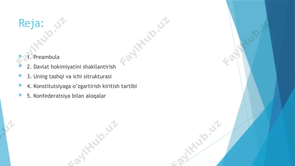 yaning munosib hurmat qilinishini taminlaydi u davlatning uzluksizligini taminlaydi 6-modda:vakolat muddati 5 yil 2 marta saylanadi ushbu modda institutsional aktlar asosida amalga oshiriladi 7-modda:respublika prezidenti saylovda qatnashganlarning mutlaq kupchiligining ovozi bilan saylanadi agar 2-bosqichga utsa u saylov 14-kuni utkaziladi va eng kup ovoz olgan 2 nomzod saylov utqaziladi. prezident saylovi hukumat tomonidan belgilanshi bilan boshlanadi respublika prezidenti bilan nohush holat bulsa uning urnini konstitutsiyaviy kengash bu holatni tasdiqlasa sung senat raisi bu vakolatga ega buladi. saylovni kechiktirish holatlarini ham konstitutsiyaviy kengash hal qiladi. 8-modda:bosh vazirni respublika prezidenti tayinlaydi. bosh vazirning taqdimotiga binoan vazirlarni tayinlaydi. va bushatiladi 9-modda:vazirlar kengashiga prezident raisdir 10-modda:respublika prezidenti qonun yakuniy qabul qilgandan sung va hukumatga yuvorilganda sung 15 kunichida parlament aktlarini elon qiladi 11-modda:hukumat qonun loyihasini referendumga qoyishi mumkin konstitutsiyaga zid qunularni ham prezident ratifikatsiya qilishi mumkin xususiy azolar haqida qonun loyihasini prezident 1yildan kam muddatga bekor qilishi mumkin. 12-modda:respublika prezidenti bosh vazir va parlament bilan …
