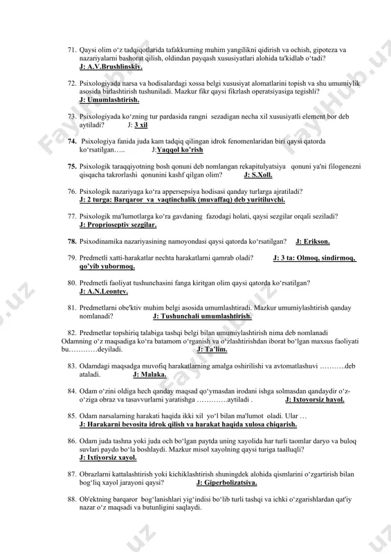 siy va ijtimoiy. 2) maqsadiga binoan: bevosita va bilvosita. 3) ko’lamiga qaraganda: keng va tor. 4) qiziqishlar darajasi bo’yicha: barqaror va beqaror. 51. qaysi qatorda xulosa chiqarish turlari to‘g‘ri ko‘rsatilgan? j: deduktiv, induktiv va analogik. 52. qaysi qatorda xotira tushunchasiga to‘g‘ri ta'rif berilgan? j: biz ilgari idrok qilgan, boshdan kechirgan va bajargan ishlarimizni yodda saqash, keyinchalik ularni eslash yoki xotiralashdan iborat jarayon. 53. qaysi qatorda xotira jarayonlari ko‘rsatilgan? j: esda olib qolish, esda saqlash, esga tushirish va unitish. (barcha javoblar to’g’ri). 54. qaysi qatorda xayol turlari to‘g‘ri ko‘rsatilgan? j: ixtiyoriy – ixtiyorsiz, tasavvur va ijodiy (qayta tiklovchi, shirin xayol, tasavvur va ijodiy, tush ko’rish, orzu va gallyutsinatsiya, realistic va afntastik). 55. qaysi qatorda umumlashtirishning turlari to‘g‘ri ko‘rsatilgan?. j: tushunchali va hissiy-konkret. 56. qaysi qatorda tushuncha turi to‘g‘ri ko‘rsatilgan? j: ko’lami jihatdan 3 ga: yakka tushunchalar, umumiy tushunchalar, to’planma tushunchalar. mohiyatiga ko’ra 2 ga: kontret va abstract. 57. qaysi qatorda tafakkur …