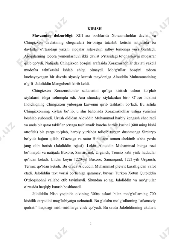 termiz kabi yirik hududlar qo‘ldan ketadi. undan keyin 1220-yil buxoro, samarqand, 1221-yili urganch, termiz qo‘ldan ketadi. bu orada alouddin muhammad plevrit kasalligidan vafot etadi. jaloliddin taxt vorisi bo‘lishiga qaramay, buvasi turkon xotun qutbiddin o‘zloqshohni valiahd etib tayinlaydi. shundan so‘ng, jaloliddin va mo‘g‘ullar o‘rtasida haqiqiy kurash boshlanadi. jaloliddin niso yaqinida o‘zining 300ta askari bilan mo‘g‘ullarning 700 kishilik otryadini mag‘lubiyatga uchratadi. bu g‘alaba mo‘g‘ullarning “afsonaviy qudrati” haqidagi mish-mishlarga chek qo‘yadi. bu orada jaloliddinning ukalari: o‘zloqshoh, oqshoh va rukniddin g‘ursanjiylar mo‘g‘ullar tomonidan turli davrlarda o‘ldiriladi. yana bir ukasi g‘iyosiddin kirmon hukmdori bo‘lib, jaloliddinga erondagi kurashlarida ancha yordam beradi. jaloliddin esa nishopurga kelib, mo‘g‘ullarga qarshi qo‘shin to‘plashga intiladi. lekin mahalliy noiblar uni qo‘llashmaydi va bu yerda turish xavfli bo‘lgani uchun jaloliddin g‘aznaga yo‘l oladi. jaloliddin g‘aznaga yetmasdan avval hirot hokimi va qaynotasi bo‘lmish amin malik bilan birlashadi va qandahor qal’asini qamal qilayotgan mo‘g‘ullar ustiga yurish qiladi. bu jangda jaloliddin harbiy ilm tarixida ilk bor …