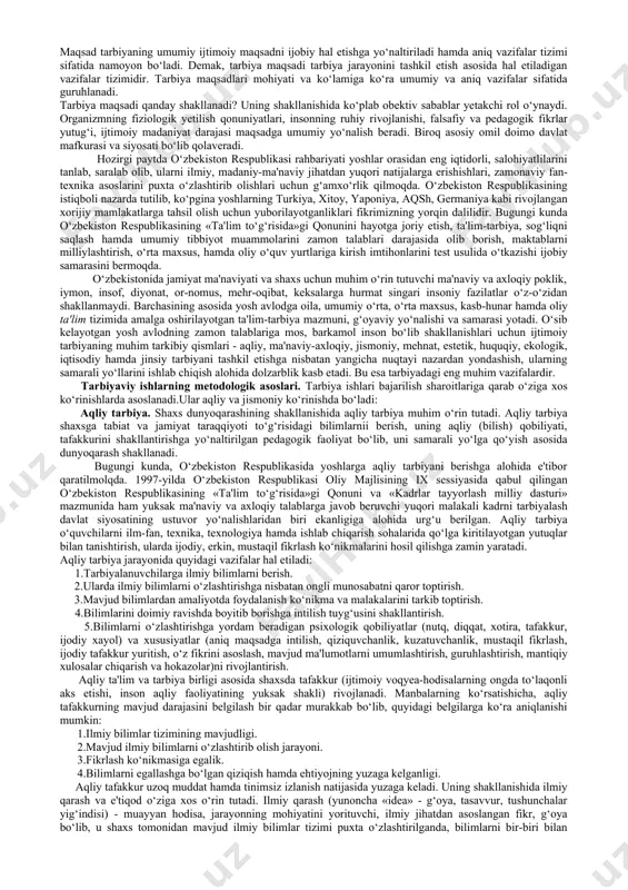 hamiyatga egadir. yuqoridagi barcha hayotiy ehtiyojlarni vujudga keltirishda o‘zaro hamkorlikning ta'sir doirasi orqali shaxsni tarbiyalash va tarbiyaning birligini ta'minlagan holda, uni shaxs sifatida shakllanishiga salbiy ta'sir ko‘rsatadigan muhitdan himoya qilish. tarbiyaning bosh maqsadi – yosh avlodni ma'naviy-axloqiy tarbiyalashda xalqning boy milliy, ma'naviy-tarixiy an'analarga, urf-odatlari hamda umumbashariy qadriyatlarga asoslangan samarali tashkiliy, pedagogik shakl va vositalarni ishlab chiqib amalga joriy etishdir. tarbiyaning asosiy vazifasi – shaxsning aqliy, axloqiy, erkin fikrlovchi va jismoniy rivojlanishi, uning qobiliyatlarini har tomonlama ochish uchun imkoniyat yaratishdir. buning uchun: – yoshlarni erkin fikrlashga tayyorlash, hayot mazmunini tushunib olishiga ko‘maklashish, o‘z-o‘zini idora va nazorat qila bilishini shakllantirish, o‘z shaxsiy turmushiga maqsadli yondashuv, ularda reja va amal birligi hissini uyotish; – o‘quvchilarni milliy, umuminsoniy qadriyatlar, vatanimizning boy ma'naviy merosi bilan tanishtirish, madaniy hamda dunyoviy bilimlarni egallashga bo‘lgan talablarini shakllantirish, malaka hosil qildirish,uni boyitib borish va estetik tushunchalarini shakllantirish; – har bir o‘smirning bilimdonligini va ijodiy imkoniyatlarini aniqlab, ularni rivojlantirish. inson …