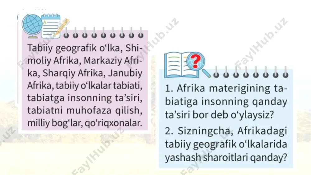 ikaning eng baland nuqtasi — kilimanjaro vulqoni (5 895 m) shu yerda joylashgan. sharqiy afrikani ba’zan “afrika materigining tomi” deb atashadi. o‘lka asosan efiopiya tog‘ligi va sharqiy afrika yassitog‘ligidan iborat. efiopiya tog‘ligi sharqiy afrika yassitog‘ligi efiopiya tog‘ligi sharqiy afrika yassitog‘ligi relyefi va iqlim xususiyatlariga bog‘liq holda o‘simlik va hayvonot olami tarkib topgan. balandlik mintaqalanishi aniq namoyon bo‘lgan. janubiy afrika o‘lkasi kongo — zambezi daryolari suvayirg‘ichidan janubdagi hududlarni egallaydi. bu o‘lkani kichik afrika deb ham atashadi. janubiy afrika yassitog‘ligi madagaskar kap tog‘i sababi kichik hudud tabiati iqlimiga bog‘liq holda kenglik va uzoqlik bo‘yicha almashib keladi. tog‘larida balandlik mintaqalanishi mavjud. madagaskar — paydo bo‘lishiga ko‘ra yirik materik oroli. tabiatiga okeanning ta’siri katta. tropik o‘rmon va savannalar ko‘p. orol hayvonlaridan buqalamun va lemur. aholisi. birlashgan millatlar tashkilotining ma’lumotlariga ko‘ra, afrika materigining aholisi 2020- yil 1-iyul holatiga ko‘ra, 1 mlrd 338 mln kishidan ortdi. afrika aholisi asosan uchta irqqa — yevropeoid, negroid va mongoloid …