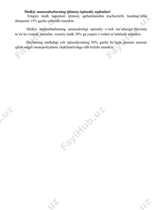 ing samaradorligi iqtisodiy o‘sish sur’atlariga bevosita ta’sir ko‘rsatadi; masalan, xususiy mulk 30% ga yuqori o‘sishni ta’minlashi mumkin. davlatning mulkdagi roli iqtisodiyotning 20% gacha bo‘lgan qismini nazorat qilish orqali monopoliyalarni shakllantirishga olib kelishi mumkin. 📌xulosa иқтисодий тизимдаги мулк муносабатлари тизими ишлаб чиқариш воситаларига бўлган эгалик, тасарруф этиш ва фойдаланиш шаклларини белгилаб, иқтисодиётнинг ташкил этилишини ва ривожланишини аниқлайди. 📚foydalanilgan adabiyotlar 1. косарев, а.и. экономическая теория: учебник. – м.: юнити-дана, 2010. 2. нуреев, р.м. курс микроэкономики: учебник для вузов. – м.: норма, 2011. 3. самуэльсон, п., нордхаус, в. экономика. – м.: вильямс, 2011. 4. робинсон, дж. экономическая теория несовершенной конкуренции