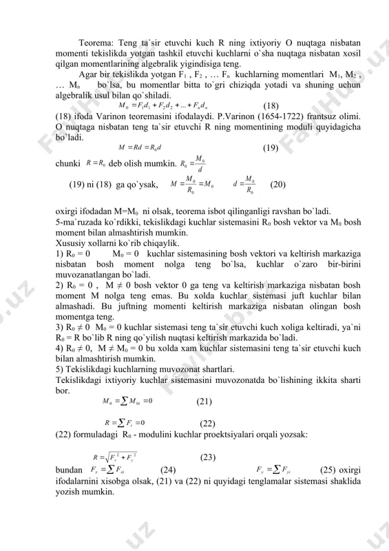 nisbatan kuch momentlarini topamiz. agar a nuqtaning koordinatalari x,y,z, f kuchning proektsiyalari fx, fy, fz bo`lsa, (31-rasm) bu kuchlarning o`qlarga nisbatan momentlarini (16) asosan aniqlab 1-jadvalni yozamiz. jadvalning 2,3,4-ustunlarini aloxida-aloxida qo`shsak f kuchning x,y,z o`qlardagi fx, fy, fz proektsiyalarining o`qlariga nisbatan momentlarining yigindilarini ya`ni mx, my, va mz ni xosil qilamiz. 31-rasm shunday qilib jadvaldan mx, my, va mz uchun quyidagilarni qosil qilamiz. (27) (27) dan foydalanib f kuchining o`qlardagi proektsiyalarini x,y,z ,koordinata o`qlariga nisbatan momentlarining yigindisini aniqlanadi. bu (27) ifodaga kuch momentlarining koordinata o`qlariga nisbatan analitik ifodalari deb xam ataladi. agar r=xi+yj+zk va f=fxi+fyj+fzk ekanligini xisobga olsak, m0 ni quyidagi shaklda yozish mumkin. (28) vektorlar algebrasidan ma`lumki (f.r) ko`paytmani quyidagi diterminat orqali yozaladi. (29) agar (28) ni (29) bilan tenglashtirsak, aynan (14) ni xosil qilamiz ya`ni f ning koordinata o`qlariga nisbatan momentlarining qisoblash formulalarini xosil qilamiz. _1283784035.unknown _1283784813.unknown _1283785227.unknown _1283786122.unknown _1283786386.unknown _1286024694.unknown _1283787819.unknown _1283786257.unknown _1283785401.unknown _1283784943.unknown _1283785100.unknown _1283784919.unknown _1283784521.unknown …