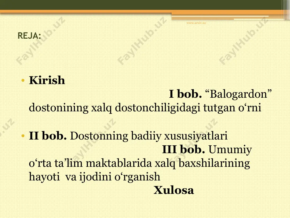 o‘libman o‘z holimdan bexabar www.arxiv.uz “balogardon” dostonida o‘xshatishning har ikki turini kuzatamiz. bular: an’anaviy o‘xshatishlar va xususiy o‘xshatishlar. jamoling mengzadim osmonda oyga. qoshingni mengzayman, egilgan уoyga. jasading mengzayman bo‘z qarchig‘ayga qarchig‘ay changallim, kimning ulisan? www.arxiv.uz dostonda takrorning monorim, assonans, epanalepsis, anafora, sintaktik pleonazm kabi usullariga duch kelamiz. quyida ularga ba’zi bir misollarni keltirib o‘tamiz : monorim - misralar oxirida bir xil tovushlarning ritmik takrorlanishiga asoslanadi. .. .avaz deb sen qizil yuzim so‘ldirma, xanjar urib, bag‘rim qonga to‘ldirma. avaz deb sen bir gadoni о‘ldirma... www.arxiv.uz “balogardon” dostonining juda ko‘p o‘rinlarida xalq maqollari qo‘llanilgan bo‘lib, ularda ham yuqoridagi fazilatlar ulug‘langan. maqollar qahramon holati, voqealar rivojidan kelib chiqqan holda qo‘llanilgan, ularning barchasi xalq orasidagi ommabop variantlaridir. esing borida etagingni yop tavakkalchining ishini oblo bitirar. yegan og‘izga osh beraman, yig‘lagan ko‘zga yosh beraman. tuzamoq yagona odamning qo‘lidan keladi. buzmoq har qanday odamning qo‘lidan keladi. yotib qolguncha otib qol. gumon imondan ayiradi. (qofiya talabiga ko‘ra: …