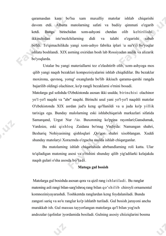 a kashtado'zlik sohasida o'z uslubiy va badiiy xususiyatlari shakillangan. masalan buxoro, nurato rayonlaridagi kashtalarning naqsh- bezaklari chiziqli xarakterlariga ega bo'lib 'ular buxorocha bosma va yo'rma chaplarida tikiladi. nurato rayonlaridagi kashtalarning naqsh- bezaklari chiziqli xarakterlariga ega bo'lib ular buxorocha bosma va yo'rma chaplarida tikiladi. samarqand va jizax kashtalarida esa yirik aylanasimon bezaklar bo'lib ular falak so'zidan olib mahhalliy shcvada "palak" deb aytiladi va asosan bosma katta-katta choklar bilan tikiladi. qashqadaryo va surxandaryoda kashtalar iroqi chokida tikiladi. xx asrga kelib o'rta osiyo rossiyaga qo'shilganidan keyin iqtisodiy va madaniy hayotda o'zgarishlar bo'lib, kashiado'zlik san'ati va buyumlarga stilistik o'zgarishlar kiritdi bu o'zgarishlar kashtalarning badiiy tuzilishiga ham ta'sir etadi. bu naqsh bezaklarida va rangu atvorida ifodasini topdi. rossiyadan anilik bo'yoqlarini kiritilishi kashtalarning rangini o'zgartirishiga sabab bo'ladi. hozirgi zamon kashtado'zlik san'ati katta va boy merosga ega bo'lib xilma-xil naqsh namunalari va badiiy bezaklariga ega. kashtado'zlikda quyidagi buvumlar bezatiladi. uy ro'zg'or anjomlari. 1. so'zani va nimso'zani 2. …