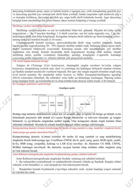 ktlar chap tomonda joylash- ganlarga nisbatan og‘irroq; · og’irlik ko’rinishiga ko’ra, markazdan uzoqlashgan sari or- tib boradi; · alohida elementlar guruhlashtirilgan obyektlarga qaragan- da katta og‘irlikka ega; · katta elementlar katta vizual og’irlikka ega. · qizil ko‘k rangga nisbatan yorqin ranglar to‘q ranglarga qa- raganda og‘irroq; · oddiy shakllar noto’g’ri shakllarga qaraganda og’irroq ko’ri- nadi; · ixcham shakllar tartibsiz diffuziyali shakllarga qaraganda kattaroq vizual og‘irlikka ega; · vertikal yo’nalishga ega shakllar egilgan shakllarga qara- ganda og‘irroq tuyiladi. kartaning elementlarini sanab bering? asosiy elementlar. loyihalash va shartli belgilarni tuzishga oid qarorlar qabul qilingandan keyin, karta elementlarining kompozitsiyasi yoki joy- lashtirish jarayoni boshlanishi kerak. kartograf kartaning soha- si, nomi, legendasi, masshtabi, koordinatalar to‘ri yoki shimol yo‘nalishi, qo‘shimcha matnlar, karta ramkasi, chegara va joy- lashtiriladigan obyektlar kabi asosiy elementlari bilan ishlashi ke- rak (2.14-rasm). ushbu jarayonda yuqorida keltirilgan va boshqa qo‘shimcha hamda yordamchi elementlarning barchasi bir vaqt- ning o‘zida kartada tasvirlanmasligi mumkin. kartaning …