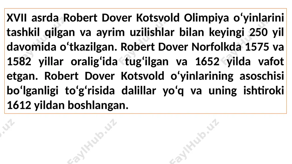 ‘yinlarini bog‘liq holda ko‘rish zarur. o‘n sakkizinchi asrning oxiri va o‘n to‘qqizinchi asr mobaynida gretsiya, skandinaviya, shimoliy amerika va birlashgan qirollikda turli shakllardagi sport bayramlari rivojlangan. shotlandiyada 1820-yillarda qayta tiklangan o‘yin an’analari 1850-yillarda amerikada tarqalgan. parijda 1820-yillarda va nyu-yorkda 1850-yillarda rim sirki elementlaridan iborat sirk tomoshalari rivojlangan. doktor uilyam penni bruks tomonidan 1830 yillardan skandinaviyada va 1849 yilda liverpulda “olimpiya” va “olimpiyachi” tushunchalaridan foydalanilgan, bu o‘z navbatida kubertenga katta ta’sir etgan. yunonlar 1859 yildan boshlab va keyingi yillarda olimpiya o‘yinlarini qayta tiklashga harakat qilganlar. shunday qilib, kubertenning shaxsiy loyihasi bo‘sh joyda rivojlanmagan. qadimgi olimpiya o‘yinlarining hayoliy va ideallashtirilgan shaklini ko‘rgazmali qo‘llashning eng erta misollardan biri – dreberg modeli hisoblanadi, u, germaniyaning g‘arbida verlitsa shaharchasida paydo bo‘lgan. shahzoda frants 1777 va 1799 yillar oralig‘ida bayram musobaqalarini tashkil qilgan, qadimdagi olimpiya o‘yinlariga asoslangan bo‘lsa ehtimol. o‘yinlar tarkibiga otda poygalar va gimnastika bo‘yicha musobaqalar kirgan. musobaqalar ishtirokchilari qo‘shni maktablarda o‘qiydigan o‘g‘il va qiz …