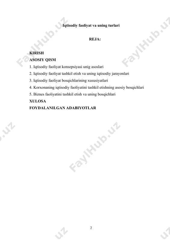 iy faoliyat sohasidagi siyosat instrumentlariga taqaladi. prezidentimiz ta’kidlaganlaridek, bu yil barchamiz ona yurtimiz, o‘zbekistonimizning yangi tarixidagi eng buyuk va qutlug` sanalardan biri – vatanimiz mustaqilligining 31 yillik shonli bayramini keng nishonlaymiz. tabiiyki, bu bizdan barcha soha va tarmoqlarda amalga oshirayotgan keng ko‘lamli islohotlarimizni atroflicha tahlil etib, kelgusi rejalarimizni aniq ravshan belgilab olishni talab etadi. 1. iqtisodiy faoliyat konsepsiyasi unig asoslari inson ehtiyojlari turli-tuman bo’lib, ularni turli usullar, vositalar orqali qondirishga harakat qiladi. insonning ehtiyojini qondirish, ya’ni tirikchilik, hayot kechirishini ta’minlashning vosita va usullari majmui iqtisodiy faoliyat deb ataladi. agar iqtisodiy faoliyatni insonni hayot kechirishini ta’minlovchi faoliyat tarzida qarasak, uni kishilik jamiyati taraqqiyoti tarixi davomida rivojlanishini ikki asosiy tipga bo’lishimiz mumkin: 1) o‘zlashtiruvchi va 2) ishlab chiqaruvchi. kishilik jamiyatining dastlabki bosqichida insonlar tabiatdagi bor narsalarni to‘g‘ridan to‘g‘ri o‘zlashtirish bilan hayot kechirganlar. insoniyat ma’lum bir paytdan esa obyektiv zarurat tufayli tabiatdagi tayyor ne’matlarni o‘zlashtiruvchidan ishlab chiqaruvchiga aylandi. shu paytdan boshlab, uning mehnati …