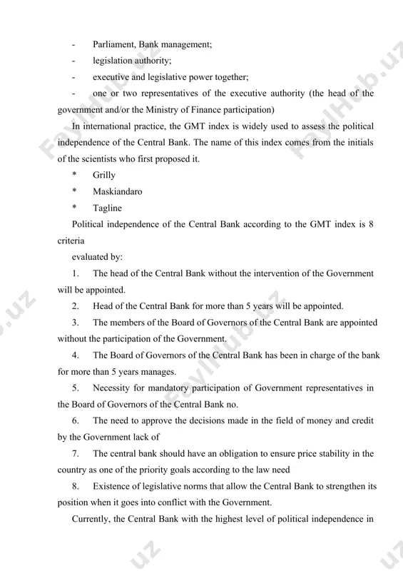 central bank . he is in a good position _ _ _ _ _ _ _ _ _ _ _ _ _ _ _ ― t he n e w i n d e x f o r c e nt r a l b a n k independence‖ rating indicator can be given. this indicator determines the level of independence of the central bank in the range of 0-36 points . the main criteria for this are the central bank's 3 groups: monetary policy independence (msm), personal independence (pm) and financial independence (mm), which are also based on the evaluation of the composition. economic independence of the central bank according to the gmt index is 7 criteria evaluated by: 1. there is a process of automatic granting of loans to the government that it is not. 2. central bank loans to the government at market rates is given. 3. …