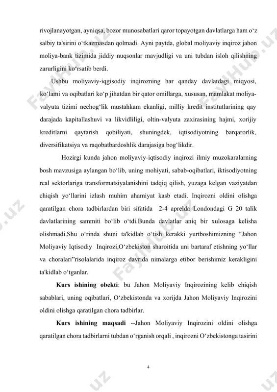 raf etishning yo‘llar va choralari”risolalarida inqiroz davrida nimalarga etibor berishimiz kerakligini ta'kidlab o‘tganlar. kurs ishining obekti: bu jahon moliyaviy inqirozining kelib chiqish sabablari, uning oqibatlari, o‘zbekistonda va xorijda jahon moliyaviy inqirozini oldini olishga qaratilgan chora tadbirlar. kurs ishining maqsadi --jahon moliyaviy inqirozini oldini olishga qaratilgan chora tadbirlarni tubdan o‘rganish orqali , inqirozni o‘zbekistonga tasirini kamaytirish. jahon moliyaviy –iqtisodiy inqirozining bartaraf etishda halqaro tajribalardan foydalanish. kurs ishining vazifalari: · jahon iqtisodiyotining hozirgi holatini o‘rganish – asosiy makroiqtisodiy ko‘rsatkichlar, ishlab chiqarish va iste’mol tendensiyalarini tahlil qilish. · yetakchi tarmoqlarni aniqlash – energetika, sanoat, transport, qishloq xo‘jaligi, xizmatlar sohasi va it kabi yo‘nalishlarning global o‘sish dinamikasini baholash. · tarmoq tahlilini amalga oshirish – tarmoqlararo bog‘liqlik, resurs taqsimoti va xalqaro mehnat taqsimoti xususiyatlarini ko‘rsatish. · global muammolar ta’sirini aniqlash – pandemiya, geosiyosiy ziddiyatlar, iqlim o‘zgarishi va texnologik o‘zgarishlarning jahon xo‘jaligiga ta’sirini baholash. · o‘rta muddatli prognozlar ishlab chiqish – asosiy iqtisodiy tarmoqlar bo‘yicha 3–5 …