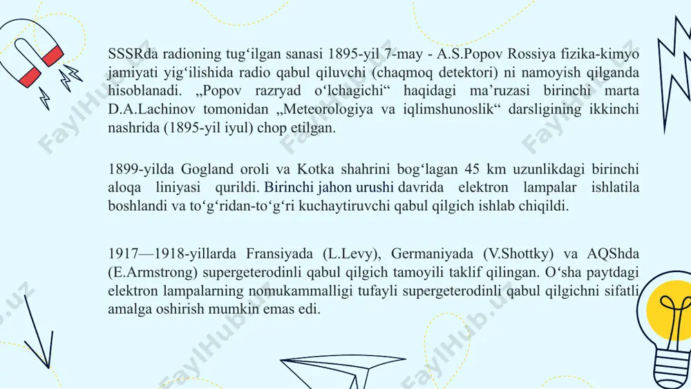 1992. - 409, [1] b. - (ommaviy radiokutubxona ; 1160-son). - isbn 5-256-00487-5 . polyakov v. t. radio qabul qilish texnikasi: oddiy am signal qabul qiluvchilar. - m.: dmk press, 2001-yil. - isbn 5-94074-056-1 . радиоприёмники / / tovar lug'ati / i. a. pugachev (bosh muharrir). - m . : davlat savdo adabiyoti nashriyoti, 1959-yil. - t. vii. - stb. 637-667. e’tiboringiz uchun rahmat! image1.png image2.jpeg image3.jpeg image4.jpeg