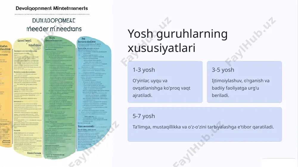 tlanish, yuvinish, yechinish, chiniqtirish, kundalik rejimga rioya qilish va xokazo). 2. hayotiy faoliyatini tashkil etish uchun sharoitlar (moddiy muhit, talablarning birligi va hokazolar). tarbiyachi har kuni ertalabki soatda bolalarni birlamchi tibbiy koʼrik asosida qabul qiladi (bu kundalik rejada yozilmay, alohida daftarda qayd etiladi), ota-onalar bilan suhbat olib boradi, badantarbiya mashqlarini oʼtkazadi (har oyda 2 kompleks badantarbiya mashgʼulotlari yoziladi). kundalik faoliyat bayoni (reja)da ertalabki soatda tarbiyachi bolalar bilan belgilangan mavzu yuzasidan suhbat uyushtirishi koʼrsatiladi. аsosiy oʼrin bolalarning oʼyin faoliyati uchun ajratiladi. ijodiy oʼyinlar, ta’limiy oʼyinlar, tinch oʼyinlar (mozaika, lego, domino, loto, pazl, qurish-yasash)ni tashkil etish rejalashtiriladi. 12 bolalarning mustaqil faoliyati mazmuni rejada toʼliq ochib berilmaydi, u bolaning qiziqishi va kayfiyatiga bogʼliq. har bir bola erkin holda oʼzi istagan faollik markazini tanlashi va u yerda ishlashi mumkin, tarbiyachi bolalarni kuzatadi va zarur hollarda yordam koʼrsatadi. mehnatda kundalik navbatchilikdan tashqari mehnatsevarlikni tarbiyalashning toʼrt xil vazifasi (oʼz-oʼziga xizmat, maishiy mehnat, tabiatdagi mehnat, qoʼl mehnati)dan …