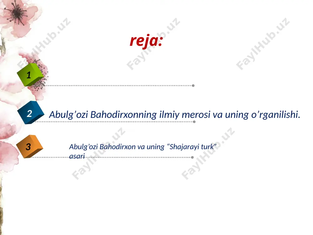 ng ko’pgina ishlari boburni xotirga tushiradi... jahon uning “shajarai turk” asari uchun undan minnatdordir”. abulg’oziy bahodirxonning tarixiy asarlari xix asrdan boshlab rus va g’arbiy ovropa tarixchilari, etnograflari va tilshunoslarining diqqatini jalb etganini bu katta madaniy yodgorliklarning tarixiy va ilmiy ahamiyatining jahon ilm-fani zukkolari tomonidan e'tirof etilishi dеb baholamoq joizdir. “shajarai turk” qozon shahrida 1825 yilda rumyantsеv, 1854 yilda sablukov, 1871 yilda esa p.i.dеmеzon tomonidan nashr etilgan. p.n.dеmеzon bu asarni 1871-1874 yillar orasida frantsuz tiliga tarjima qiladi. asarning bu tarjimasi orqali abulg’oziyning nomi faqat frantsiyadagina emas, balki angliya va amеrika xalqlari o’rtasida ham tanilishiga yordam bеradi abulg’oziyxon nafaqat adib va tarixchi, balki yеtuk tilshunos ham bo’lgan. u arab, fors, xitoy, mo’g’ul tillarini yaxshi bilgan. asarlarida toponimlar, antroponimlar, gidronimlar, etnonimlar etimologiyasi haqida so’z yuritib, ularning turli tillardagi nomlanishini ham qayd etadi. abulg’oziy bahodirxonning tilshunos olim sifatidagi faoliyati haqida ayrim kuzatishlar olib borilgan. shunday ishlardan biri qayum karimovning “abulg’oziyning tilga oid ba'zi qaydlari” …