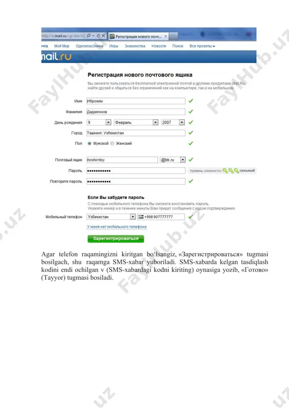 tidan odatda 20 mb gacha bo‘lgan hajmdagi fayl yuborish mumkin. biroq, bu o‘lchamni sozlash ham mumkin. buning uchun отправить файл > 20 mb degan havolani va uning yonidagi “настроить” havolasini bosiladi. xatga fayl qo‘shib yuborish uchun прикрепить файл (fayl biriktirish) tugmasi bossangiz, kerakli faylni ko‘rsatish oynasi ochiladi. bu erdan yubormoqchi bo‘lgan faylingizni ko‘rsatib, открыть (ochish) tugmasini bosasiz. faylning katta-kichikligi va internetga ulanish tezligiga qarab, fayl biriktirishga bir necha soniya yoki daqiqa ketadi. fayl biriktirilgach, uning yonida yashil belgi paydo bo‘ladi. endi xatni yuborish mumkin. xatni yuborish uchun отправить (yuborilsin) tugmasi bosiladi. agar xatni keyinroq yubormoqchi bo‘lsangiz, uni saqlab qo‘yish mumkin. buning uchun сохранить (saqlab qo‘yilsin) tugmasini bosasiz. yozayotgan xatni bekor qilish uchun отмена (inkor) tugmasi bosiladi. xat jo‘nab ketgach, ваше письмо отправлено! (xatingiz yuborildi!) yozuvi paydo bo‘ladi. 1. yuborilgan xatlar ro‘yxati отправленные (yuborilganlar) bo‘limida turadi. bu bo‘limga ham chap tomondagi menyudan kiriladi. черновики (xomaki nusxalar) bo‘limida saqlab qo‘yilgan xatlar ro‘yxati …
