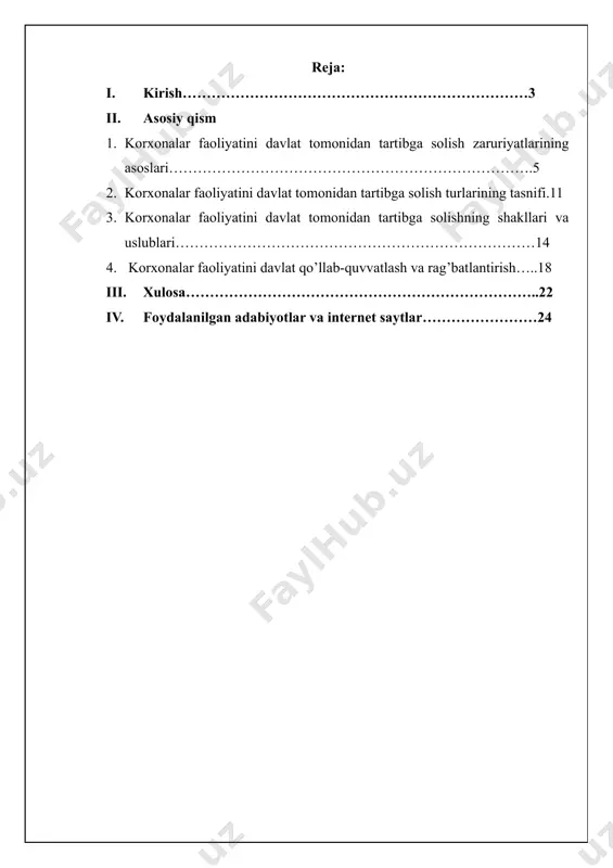 holda amalga oshiriladi. iqtisodiyotni davlat tomonidan tartibga solish - jamiyat a’zolarining ehtiyojlarini qondirish darajasini oshirish uchun cheklangan ishlab chiqarish resurslaridan yanada samarali foydalanishni ta’minlovchi, umumiy iqtisodiy muvozanatga erishishga yo’naltirilgan, ijtimoiy takror ishlab chiqarish jarayonini tashkil etish bo’yicha davlatning faoliyati. tadbirkorlik faoliyatini tartibga solishning aniq maqsad va chegaralarini belgilash, tadbirkorlik subyektlari tomonidan yangi mahsulot va xizmat turlarini joriy etish uchun qulay shart-sharoitlar yaratish orqali ular uchun tartibga solish yukini kamaytirish, shuningdek, o‘zbekiston respublikasi prezidentining 2022-yil 28-yanvardagi “2022 — 2026-yillarga mo‘ljallangan yangi o‘zbekistonning taraqqiyot strategiyasi to‘g‘risida”gi pf-60-son farmoni ijrosini ta’minlash maqsadida: tadbirkorlik subyektlarini davlat ro‘yxatidan o‘tkazish tadbirkorlik subyektlari faoliyatining ayrim turlari bo‘yicha litsenziyalashtirib berish hamda xabardor qilish tartib-taomillarini joriy etish; texnik jihatdan tartibga solish; tarif va notarif tartibga solish; qonunda belgilangan tartibda tadbirkorlik subyektlarining javobgarligini majburiy sug‘urta qilish; davlat nazorati; raqobatni himoya qilish; qonun bilan tadbirkorlik subyektlari hamda ularning mansabdor shaxslari javobgarligini o‘rnatish; hisobotlarni joriy etish; o‘zini o‘zi tartibga soluvchi tashkilotga a’zolik …