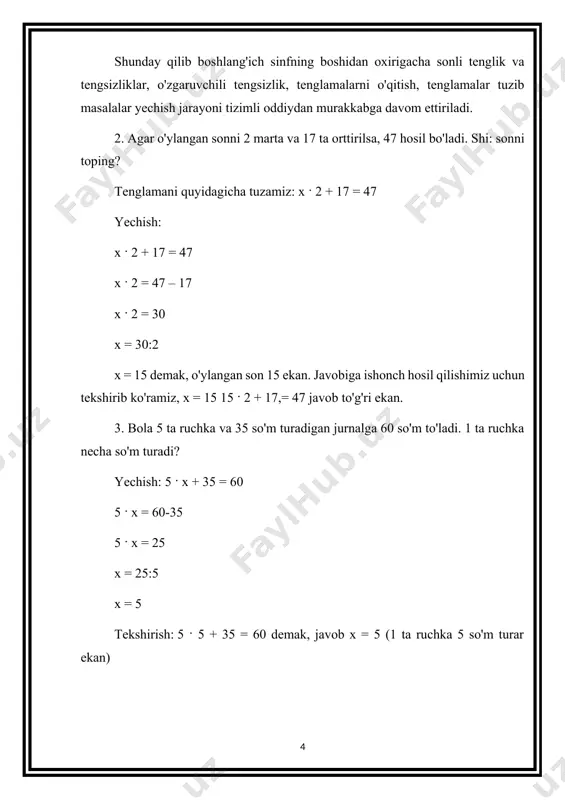 g davomini yechish o'quvchilarga qiyinchilik tug'dirmaydi. misol: x · 2+21=25 x · 2=25-21 x · 2=4 x=4:2 x=2 hosil bo'ladi, 2 · 2+21=25 o'quvchilarning olgan bilimlarini tekshirish maqsadida "jim" o'yinini o'tkazamiz. 2 image4.jpeg image5.jpeg image6.jpeg image1.jpeg image2.jpeg image3.jpeg
