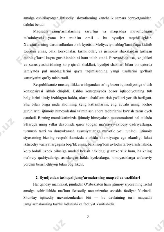 d va vazifalari har qanday mamlakat, jumladan о‘zbekiston ham ijtimoiy siyosatning izchil amalga oshirilishida ma’lum iktisodiy mexanizmlar asosida faoliyat yuritadi. shunday iqtisodiy mexanizmlardan biri — bu davlatning turli maqsadli jamg’armalarining tashkil kdlinishi va faoliyat yuritishidir. maqsadli jamg’armalar - moliya tizimining muhim tizimlaridan biri bо‘lib, markaziy va mahalliy о‘z-о‘zini boshqarish organlari ixtiyoridagi va ma’lum maqsadga yо‘naltirilgan pul resurslari yig’indisidir. bozor munosabatlariga о‘tish iqtisodiy sasturimizning asosiy mazmunini tashkil etadi. bozor munosabatlariga о‘tish insonning ijodiy va mehnat salohiyatshsh namoyon kilishga, boqimandalikni bartaraf etishga, yо‘qolib kyetgan egalik tuyg’usini qayta tiklashga imkon beradi. faqat bozorgina mahsulot ishlab chiqaruvchining hukmini bartaraf etib, respublikannng g’oyat katta boyliklaridan samarali foydalanishni ta’minlay oladi. shu borada muhim masalalardan biri: davlat tasarrufidai chikarish va xususiylashtirish yо‘li, yangi paydo bо‘layotgan nodavlat, ya’ni ishlab chiqarish faoliyati bilan shugullanayotgan va aholiga xizmat kо‘rsatayotgan xususiy, aksionyerlik, kollyektiv va boshqa korxonalarni qо‘llab-quvvatlash bilan aralash, kо‘p tarmoqli iqtisodiyotni shakllantirishdir. mamlakatimizda byudjetdan tashqari jamg’armalarning ijtimoiy ahamiyati katta. tadbirkorlikni …
