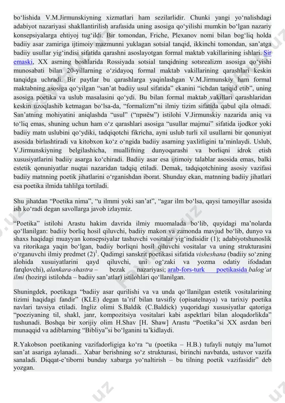 lashtirdilar. ularning umidlarini yangilik atrofiga jamlagan poetika nomi ayrim oʻrinlardagina ularga nisbatan qoʻllanildi, qoʻllanilganda ham bu olimlar sha’niga tavqi la’natday yopishtirilgan formal soʻzi bilan yonma yon qoʻyilib, ularning kashfiyotlarini n.d.tamarchenko tahriri ostida chop etilgan “teoriya literaturы” (m.: academia, 2004) sifatida qabul qilindi. oradan yarim asrcha vaqt oʻtmay bunday shakkok olimlar ustidan yurgizilgan shoʻrolarning tegirmon toshi ottepel – yumshalish davriga kelib, rasman ularning dunyoqarashini toʻla oqlamagan holda ularning tajribalarini davom ettirish natijasida yangi tahlil yoʻsiniga erishildi. fransuz rolan bart va uning izdoshlari boshlab bergan bu yoʻl eston olimi m.yu.lotman tomonidan yaratilgan struktural poetika darajasida ancha qolib ketdik. ikki orada mafkuraviy tazyiq yoʻqola boshlashi bilan yangi asr klassitsizmi nomini olgan sotsrealizm ham oʻzining temir qonunlarini birmuncha boʻshashtirganday boʻldi. ilgari hayotni oʻz shaklida aks ettirishni shoʻro yozuvchilarining boʻyniga ilgan bu quyushqon endi hayot mohiyatini aks ettirishda uning bagʻri xilma xil shakl va uslublarga ochiq ekanini namoyishkorona anglatdi. azaliy adabiyot ilmi ham bu davrga …