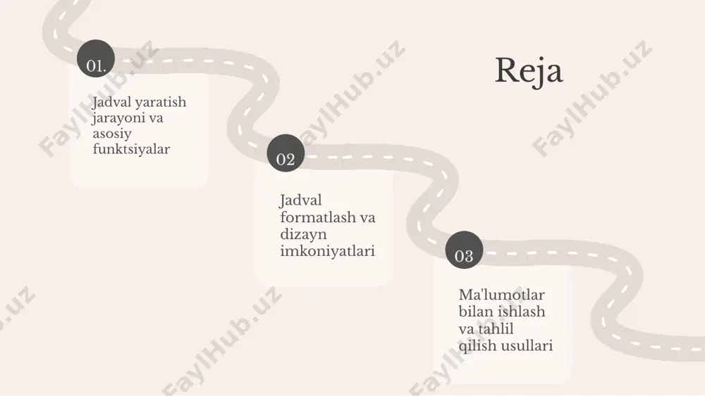 foydalanish ma'lumotlarni aniq va tartibli ko'rsatish imkonini beradi. bu, shuningdek, auditoriyaning e'tiborini jalb qilishda yordam beradi. jadvallarni boshqa foydalanuvchilar bilan bo'lishish uchun onlayn platformalardan foydalanish mumkin. bu jarayon jadvallarga kirishni va ularni tahlil qilishni osonlashtiradi. jadval formatlash asoslari jadval formatlashning maqsadi ma'lumotlarni aniq va tartibli ko'rsatishdir. bu taqdimotlar va hisobotlarda o'qish uchun qulaylik yaratadi. masalan, yaxshi formatlangan jadvalda ma'lumotlar tezda qabul qilinadi va tahlil qilinadi. jadvalning asosiy elementlari quyidagilardan iborat: 1. sarlavhalar - ustunlar nomi. 2. qatorlar - ma'lumotlar to'plami. 3. ustunlar - ma'lum bir kategoriya bo'yicha ma'lumotlar. 4. hujayralar - individual ma'lumotlar joylashgan joy. jadval formatlashda quyidagi vositalar qo'llaniladi: 1. ustun va qator o'lchovlari. 2. hujayra chegaralari. 3. ranglar va fonlar. 4. matn formatlash vositalari. jadval dizaynining asosiy qoidalari: 1. o'qilishi oson bo'lishi kerak. 2. keraksiz ma'lumotlardan qochish lozim. 3. ranglar va shriftlar bir-biriga mos kelishi kerak. misol uchun, o'qish uchun qulay bo'lgan kontrastli ranglardan foydalanish. jadval yaratish jarayoni …