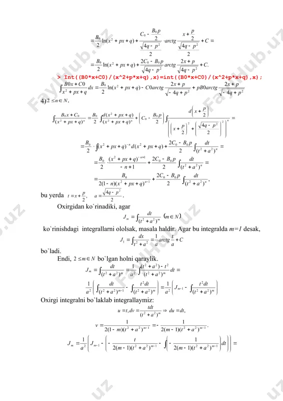 sol. | |= = =|t=tgx|= 1) o`zgaruvchini tgx=t almashtirish yordamida integralni topish. > restart; > with(student): > it10:=changevar(tan(x)=t,int(tan(x)^3,x),t); shape \* mergeformat > it10:=value(%); > it10:=changevar(t=tan(x), (it10, t),x); 2) bevosita integrallash. > restart; > int(tan(x)^3,x)=int(tan(x)^3,x); shape \* mergeformat 9-misol. tgx=t almashtirish yordamida integralni topish > restart; > with(student): > it12:=changevar(tan(x)=t,int(tan(x)^5,x),t); > it12:=changevar(t=tan(x), (it12, t),x); 10-misol. bu integralni topishda yuqoridagilardan farqli quyidagicha almashtrish qilamiz: bu holda = 1) o`zgaruvchini almashtirish yordamida integralni topish. > restart; > with(student): > it13:=changevar(2+3*sin(2*x)=t, int(cos(2*x)/(2+3*sin(2*x))^(2/3),x),t); > it13:=changevar(t=2+3*sin(2*x), (it13, t),x); 2) bevosita integrallash. > restart; > int(cos(2*x)/(2+3*sin(2*x))^(2/3),x)= int(cos(2*x)/(2+3*sin(2*x))^(2/3),x); shape \* mergeformat 3. sinus va kosinus toq darajali bo`ganda integrallash a) bu yerda t=cosx. b) bu yerda t=sinx. > restart; > it3m:=int(sin(x)^(2*m+1),x)=int(sin(x)^(2*m+1),x); shape \* mergeformat > m:=1:it3m; shape \* mergeformat > m:=2:it3m; shape \* mergeformat 11-misol.. integralni hisoblang. yechish. va ekanligini hamda almashtirish kiritib, quyidagini hosil hilamiz: > restart; > it5m:=int(sin(x)^3*cos(x)^4,x)=int(sin(x)^3*cos(x)^4,x); shape \* mergeformat 4. sinus va kosinus juft …